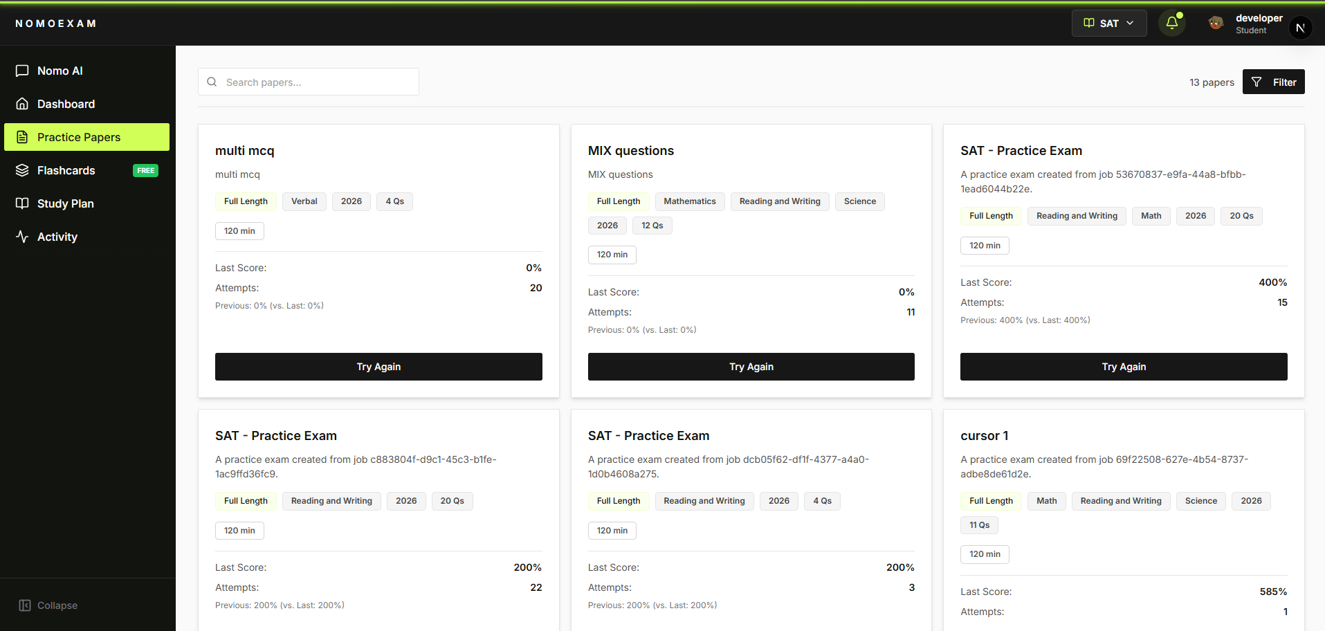 Exam selection interface showing available standardized tests