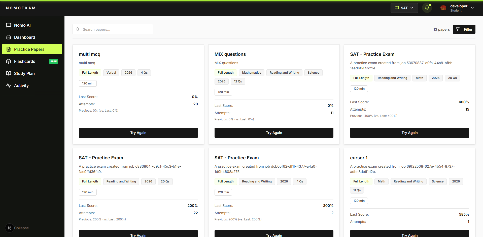 Practice tests library with filters and performance indicators