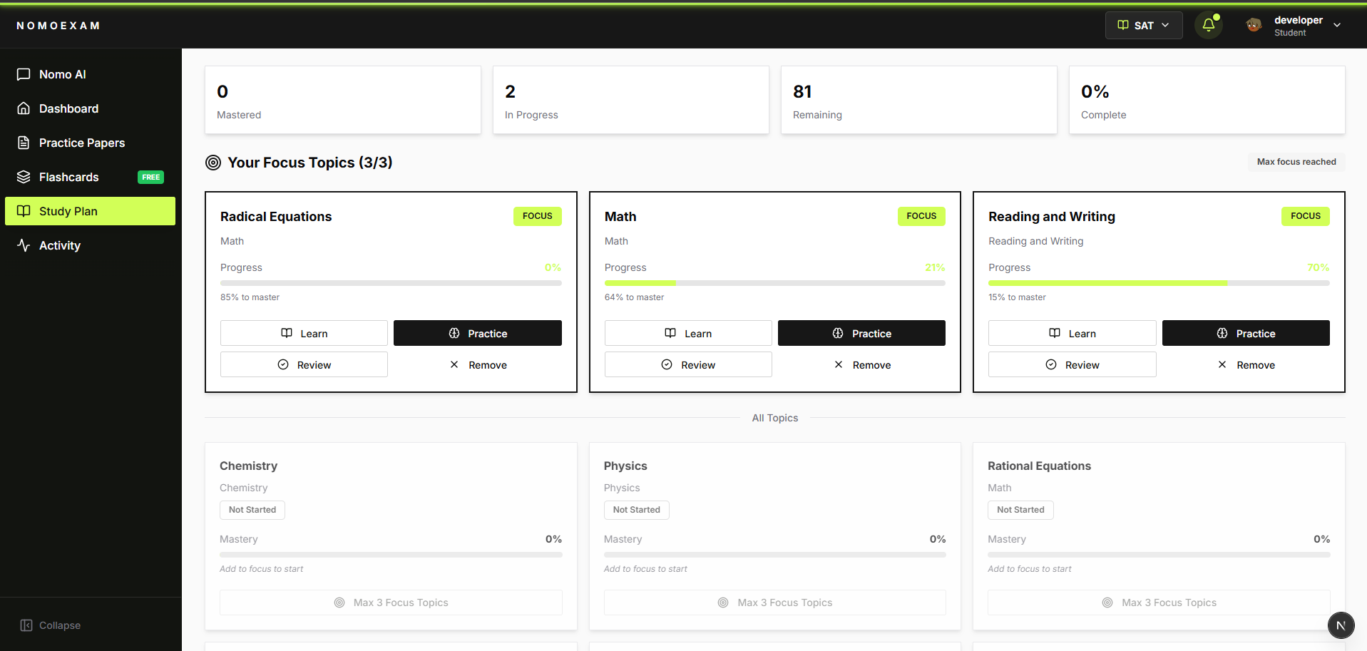 Personalized study plan with daily tasks and progress timeline